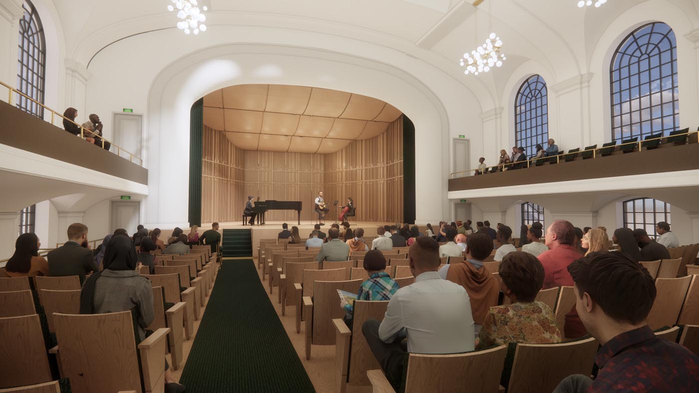 Architectural rendering of Convocation Hall showing audience seating, balcony levels, arched windows, and a performance on stage.